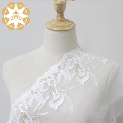 Ivory Big flower with golden metallic yarn lace trim for clothes. Lingerie and nightgowns