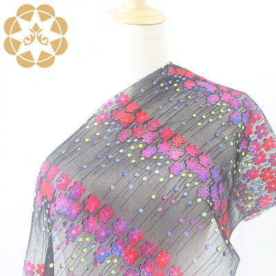 Printed fabric embroidery lace Gradient colour flower pattern positioned beads positioned lace forstylish tops, skirts, dresses and many other garments.