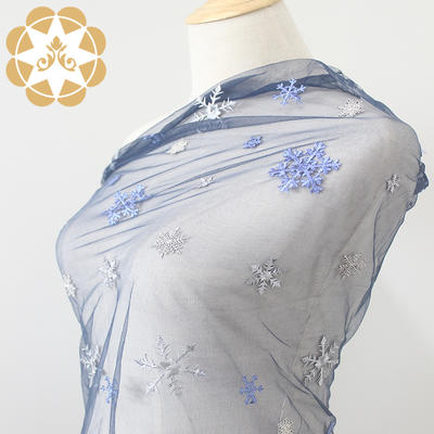 Winsunemb blue snowflake Embroidery allover fabric .Blue and grey and silver yarn Polyester and embroidered on dark blue mesh width: 135CM