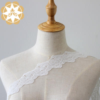 Winsunemb Round rose Embroidery Lace Trimming 100% polyester 5cm wide rose embroidery lace ivory color chemical lace wedding dress decoration French lace edge.